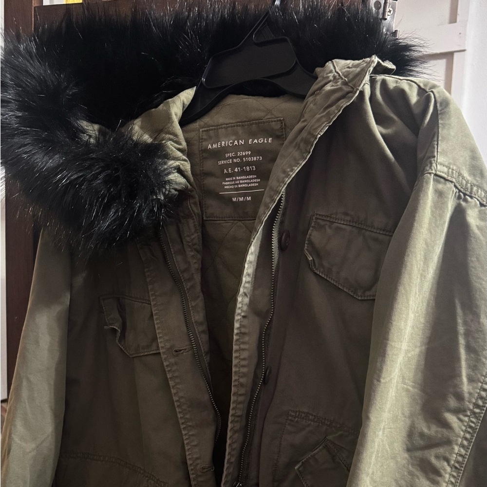 American Eagle Outfitters Men's Olive Green Parka Jacket with Faux Fur Hood